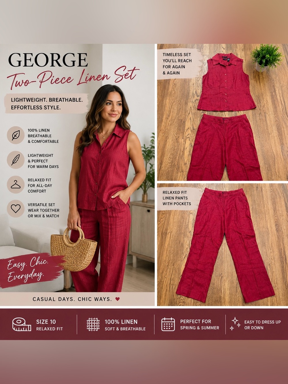 George 100% Linen 2-Piece Set Red Sleeveless Button Top & Crop Pants Size 10